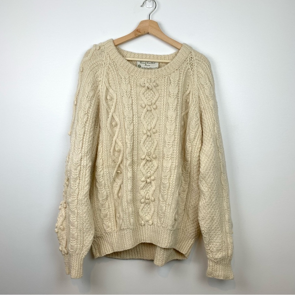 Vintage Cream Hand Knit Scottish Aran Wool Oversized Cable Sweater